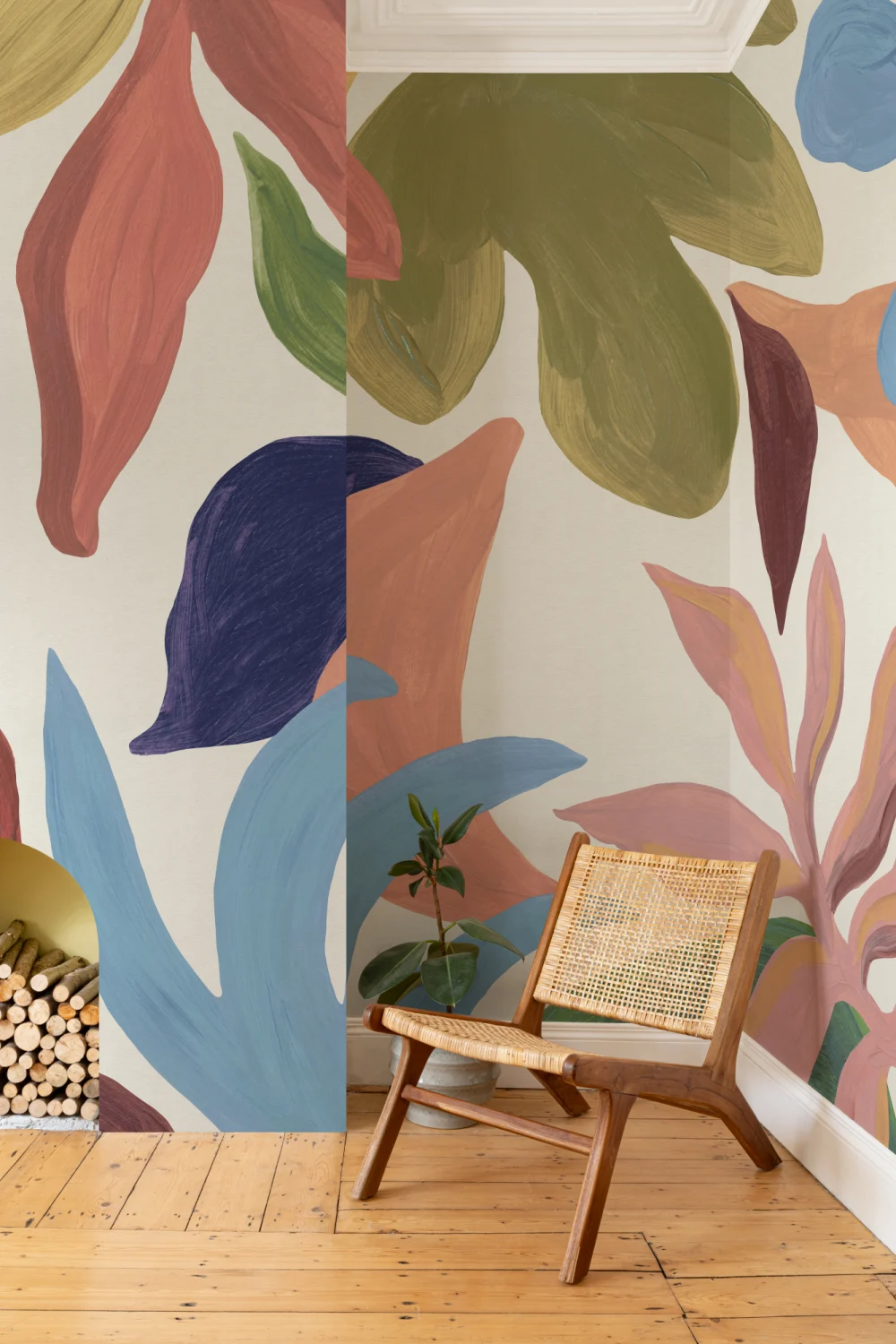Veelkleurige abstracte areca-muurschildering met pasteluitstraling