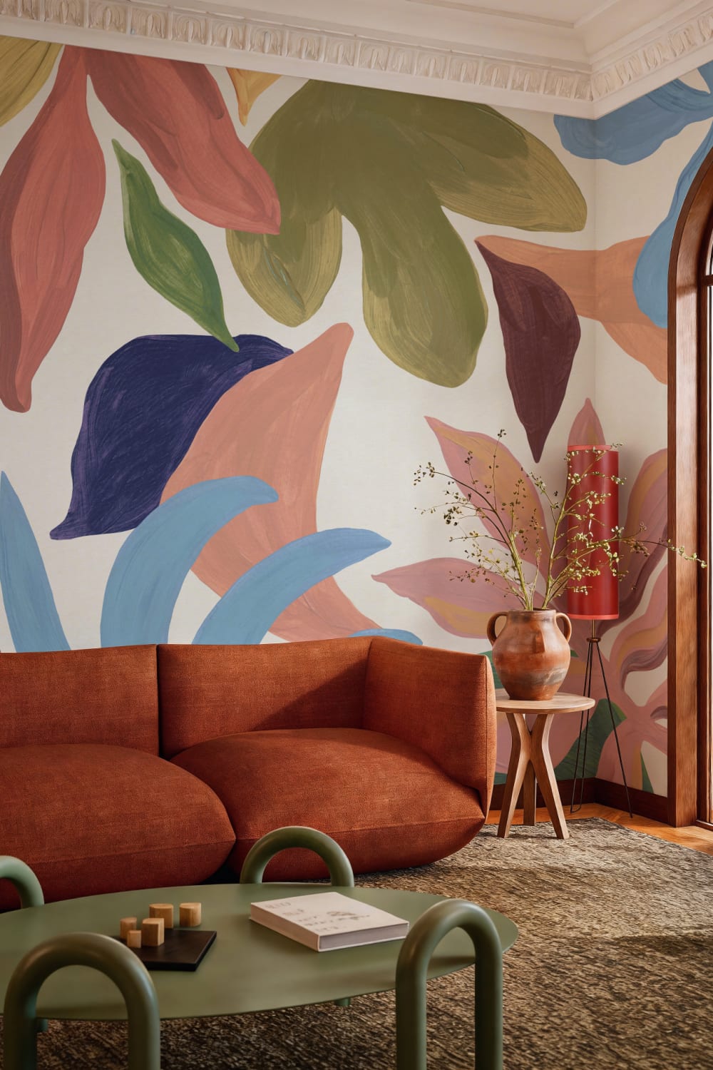 Veelkleurige abstracte areca-muurschildering met pasteluitstraling