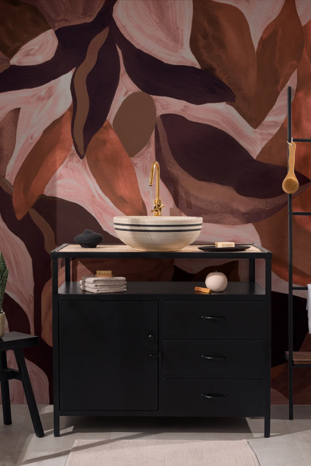 Multicolour Abstract Dark Botanical Mural For Dramatic Spaces