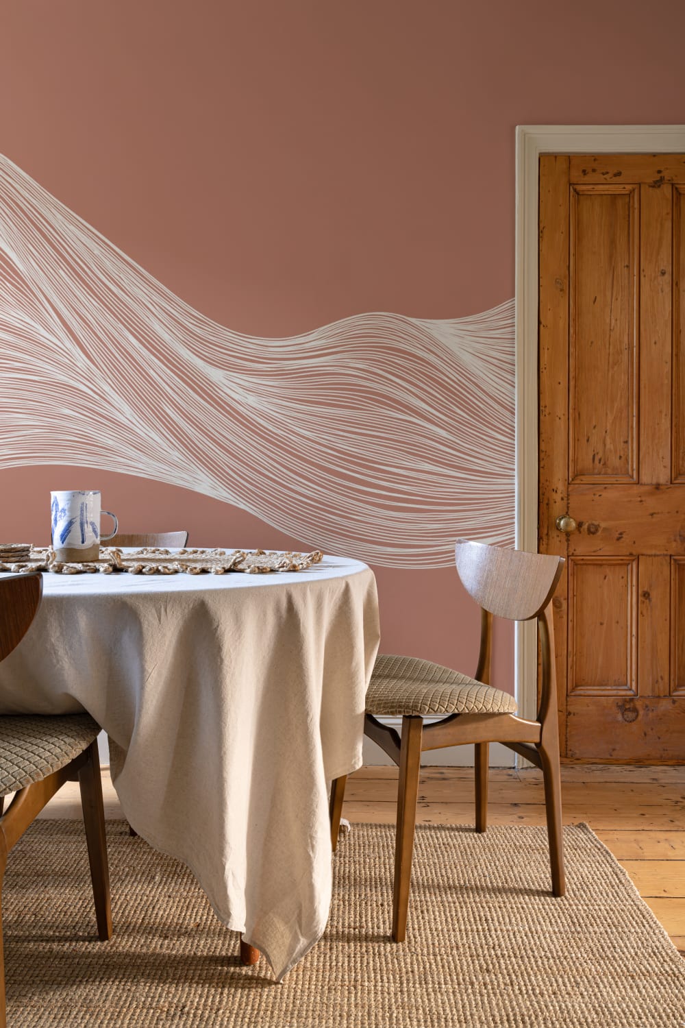 White & Terracotta Wavy Line Abstract Wallpaper Mural