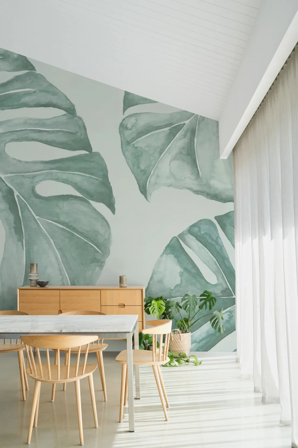 Green Watercolor Monstera Leaf Mural