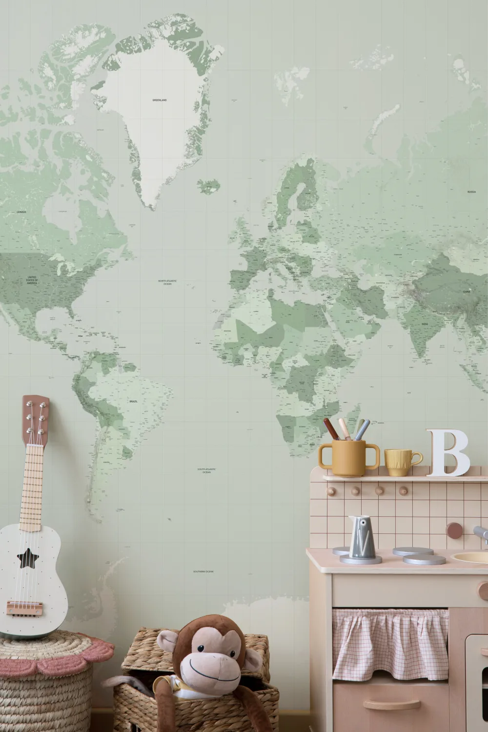 Green World Map Wall Mural For Global Ambience