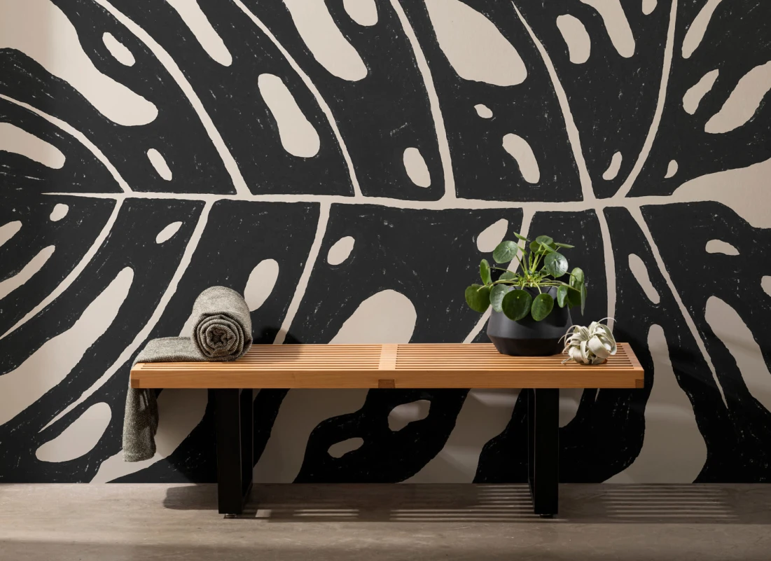 Black & Beige Giant Monstera Leaf Wallpaper Mural - Hovia