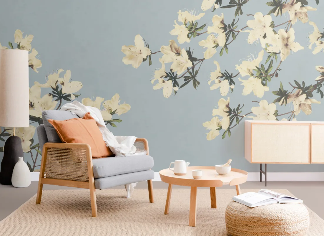 Blue Vintage Japanese Floral Wall Mural - Hovia