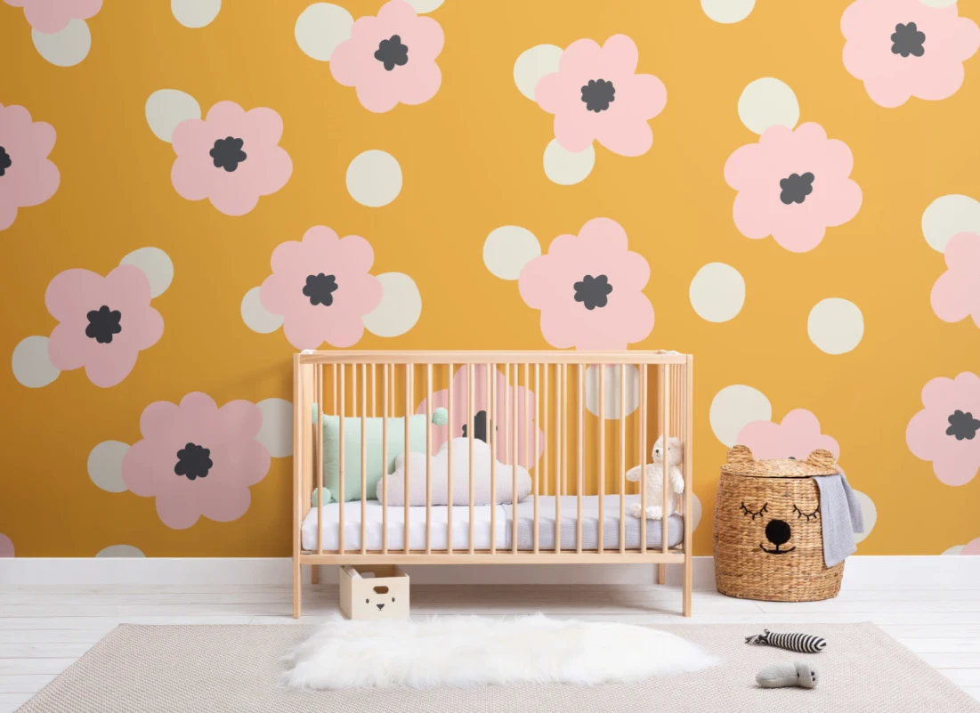 Yellow Polka Dot Retro Daisy Floral Wallpaper Mural - Hovia