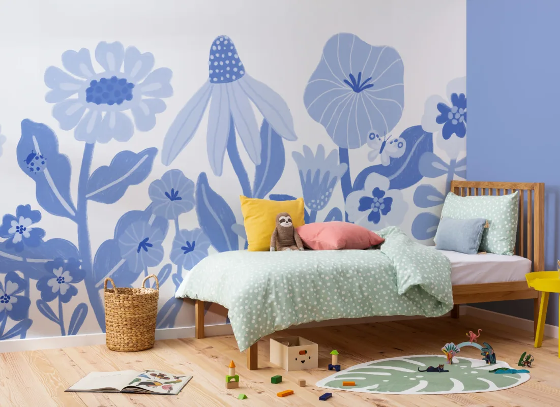 Blue Kids Retro Scandinavian Flowers Mural - Hovia