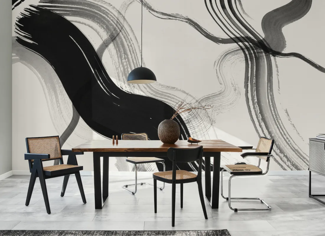 Black Abstract Ink Brush Strokes Mural - Hovia