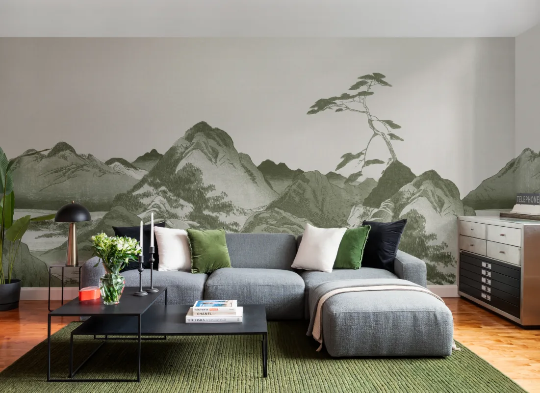 Green Japanese Mountain Landscape Art Mural – Hovia - Hovia