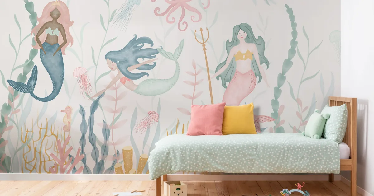 Underwater Modern Mermaids Pastel Wall Mural - Hovia