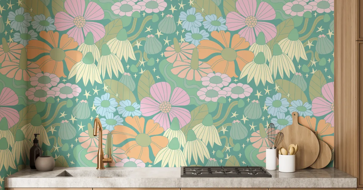 Elizabeth Olwen Cosmic Floral Green Mural - Wall Mural - Hovia