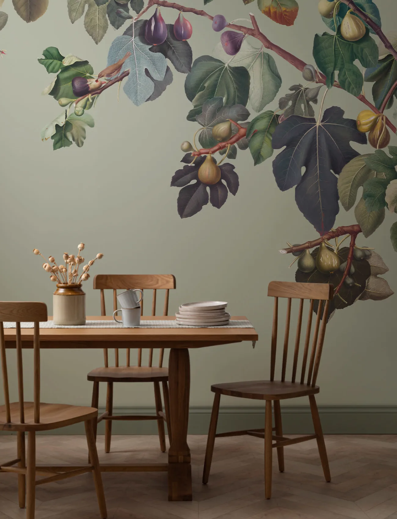 Vintage Green Botanical Fig Tree Wall Mural - Hovia