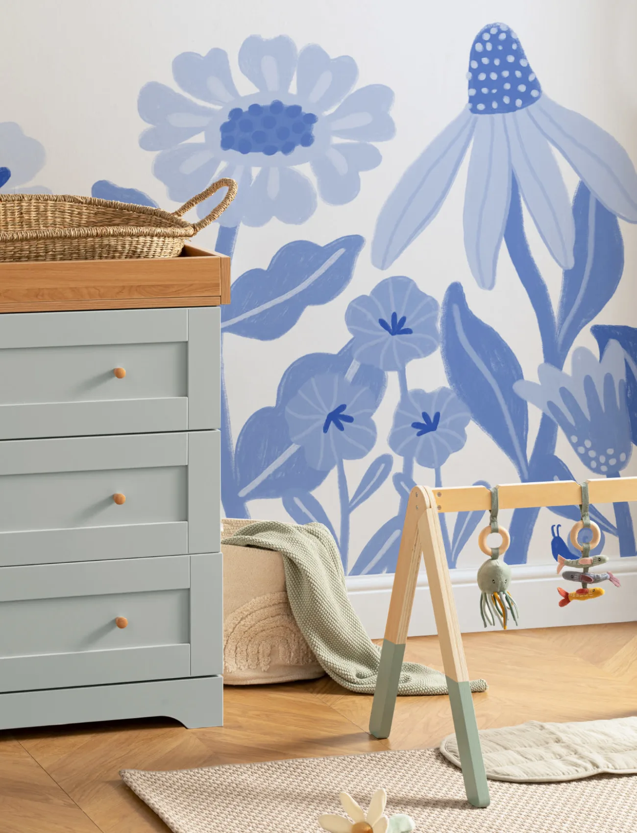 Blue Kids Retro Scandinavian Flowers Mural - Hovia