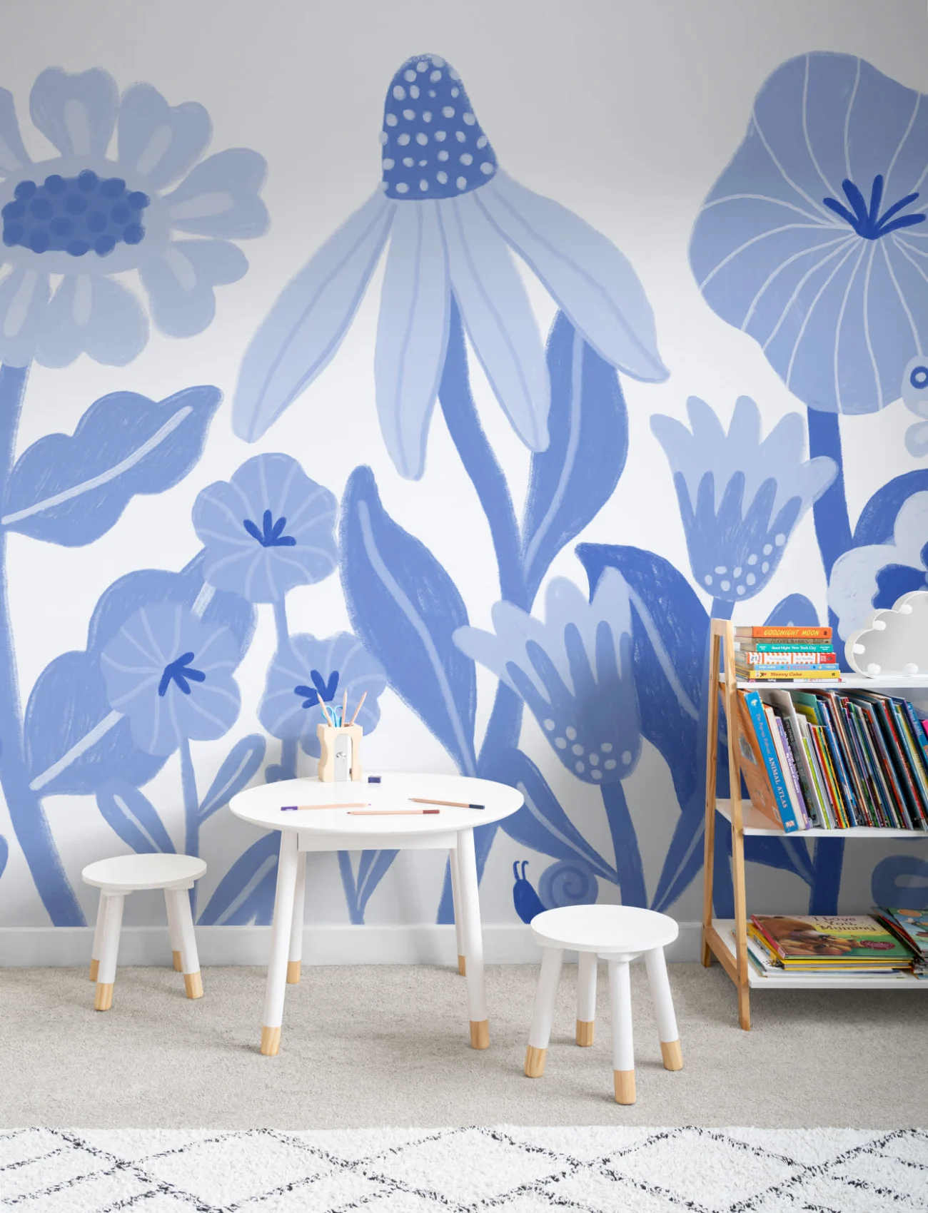 Blue Kids Retro Scandinavian Flowers Mural - Hovia