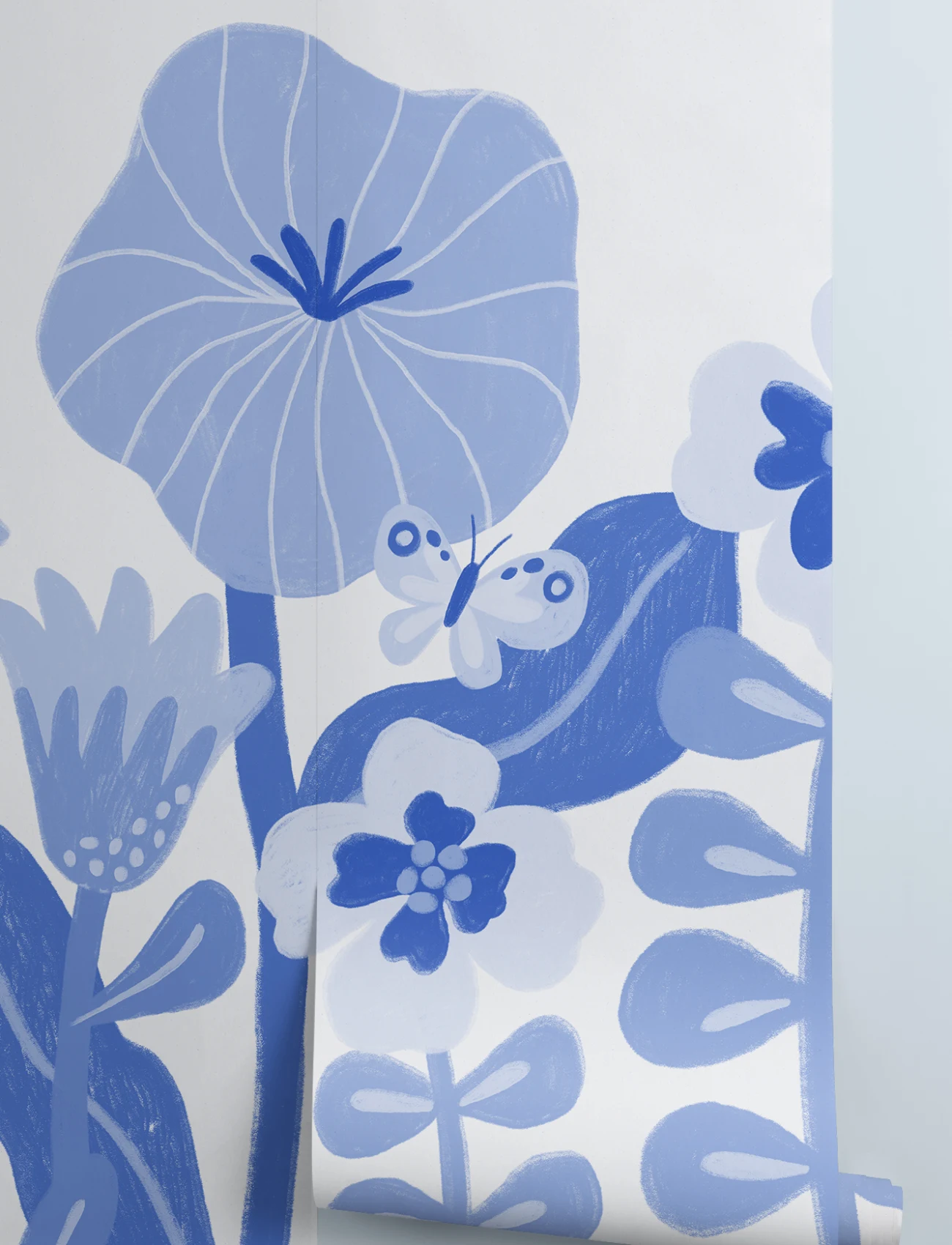 Blue Kids Retro Scandinavian Flowers Mural - Hovia