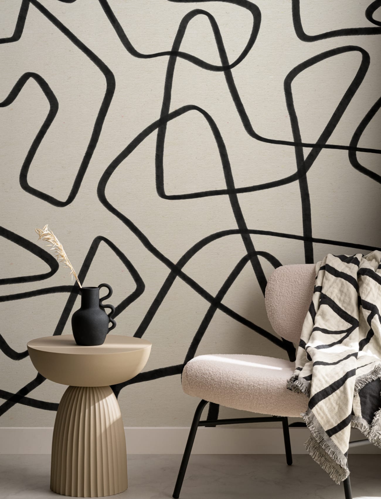 原画/イラスト/ストリートアート/ペン画/ DOODLES Vol,5インテリア Black & Beige Abstract Doodle Wall Mural - Hovia