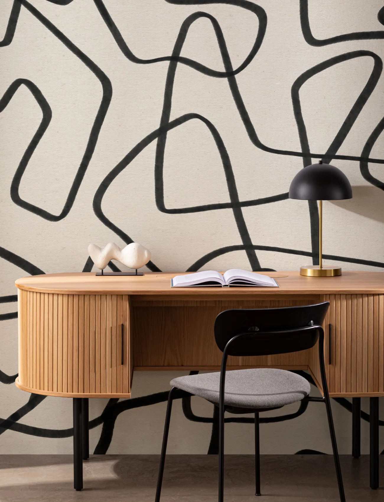 Black & Beige Abstract Doodle Wall Mural - Hovia
