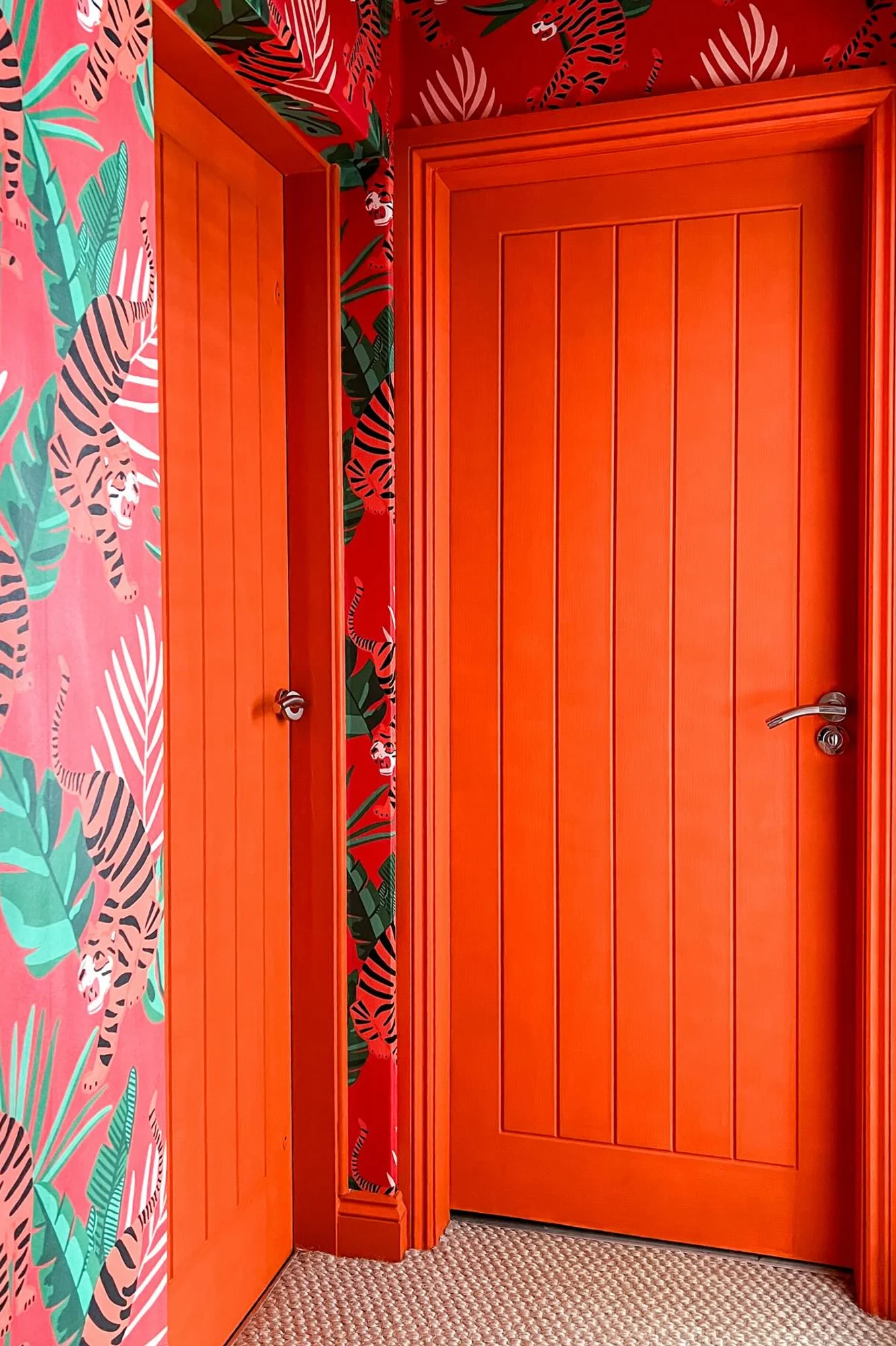 Bold red hallway with matching doors and tropical tiger wallpaper with green foliage.