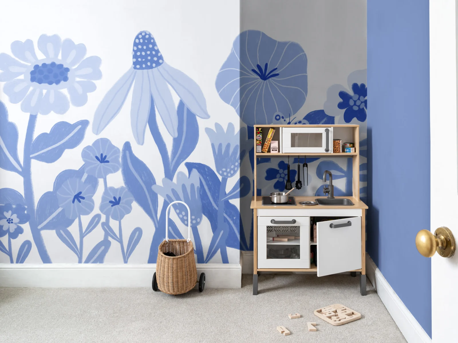 Blue Kids Retro Scandinavian Flowers Mural - Wall Mural - Hovia