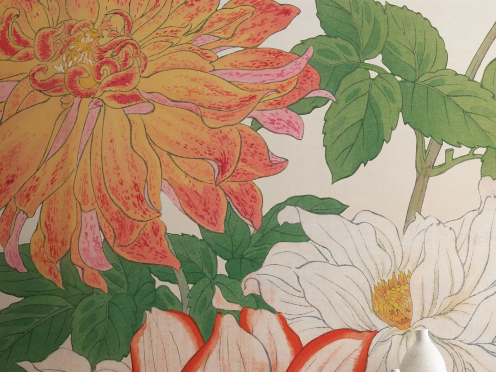 Dahlia Japanese Watercolor Floral Mural - Wall Mural - Hovia