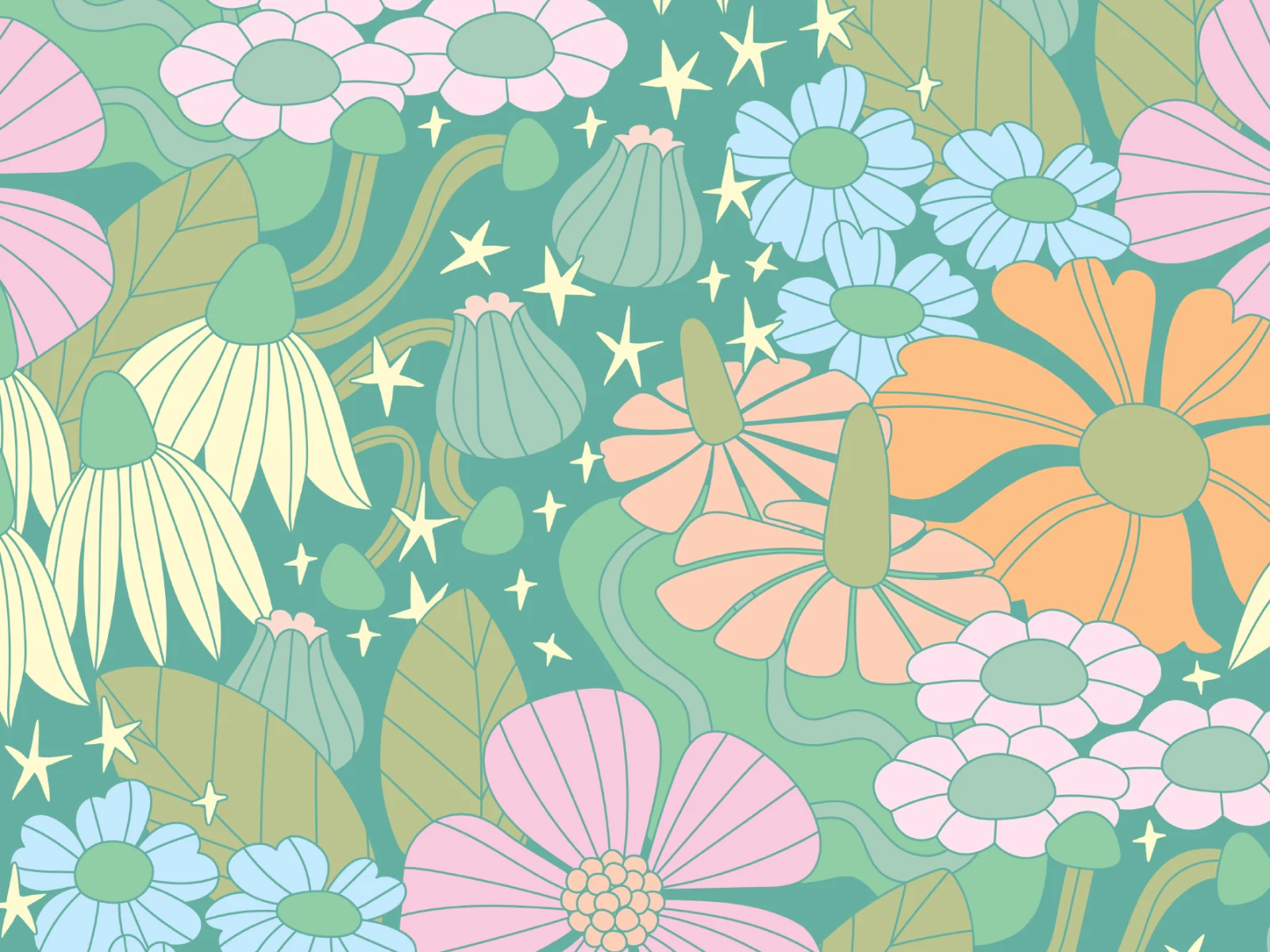 Elizabeth Olwen Cosmic Floral Green Mural - Wall Mural - Hovia