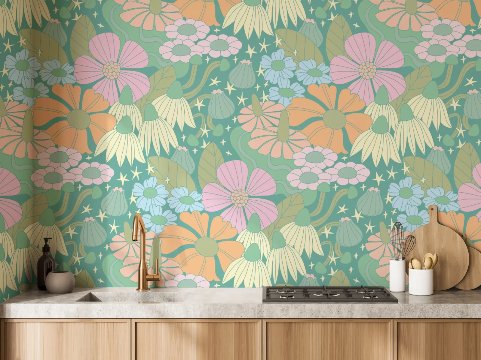 Elizabeth Olwen Cosmic Floral Green Mural - Wall Mural - Hovia
