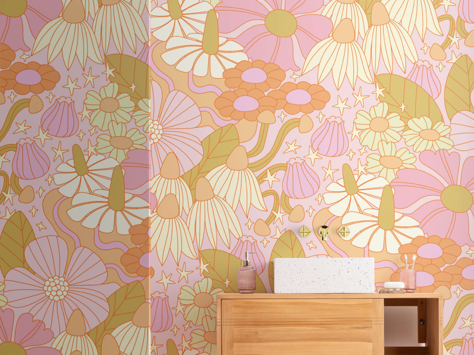 Elizabeth Olwen Cosmic Floral Pink Mural - Wall Mural - Hovia