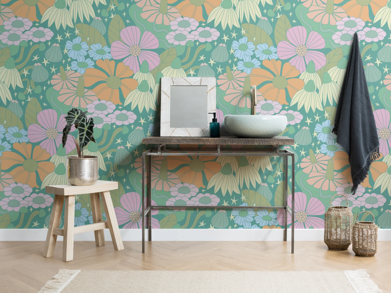 Elizabeth Olwen Cosmic Floral Green Mural - Wall Mural - Hovia