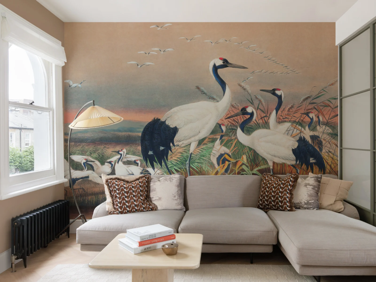 Hand-Painted Cranes in Wetlands Wall Mural by Joseph Wolf - Hovia