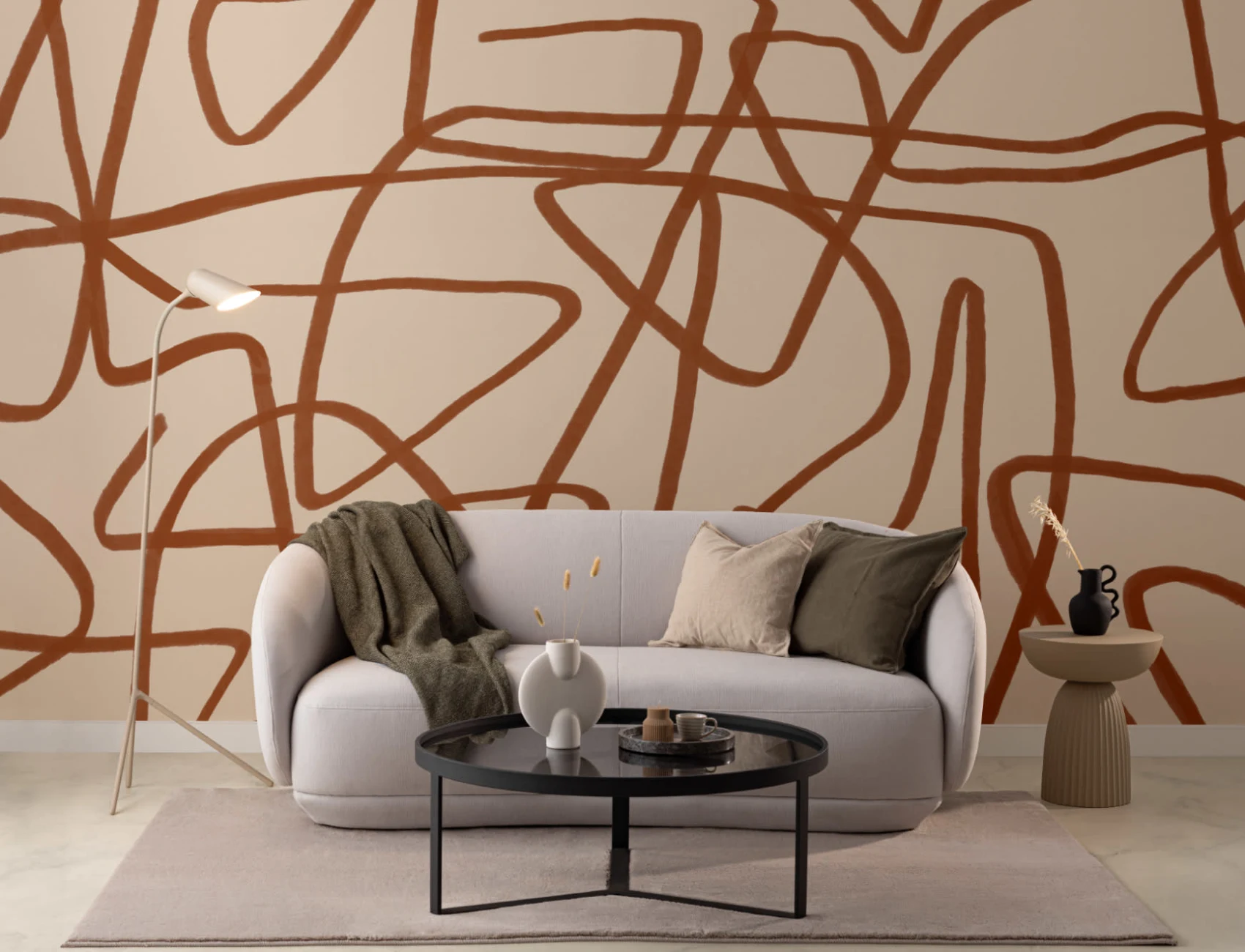 Mural de Papel de Parede Abstrato Bold Terracotta & Beige Doodle