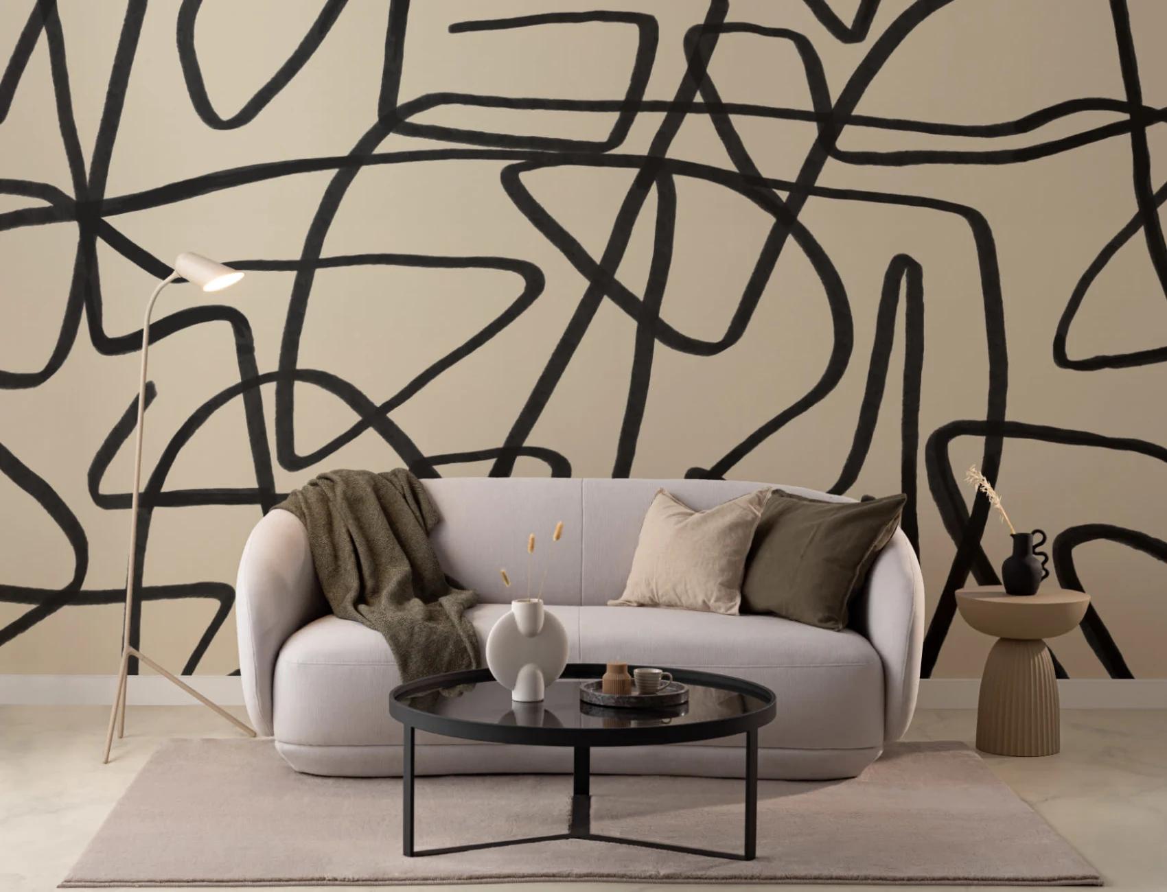 Vet Zwart & Beige Doodle Abstract Behang Muurschildering