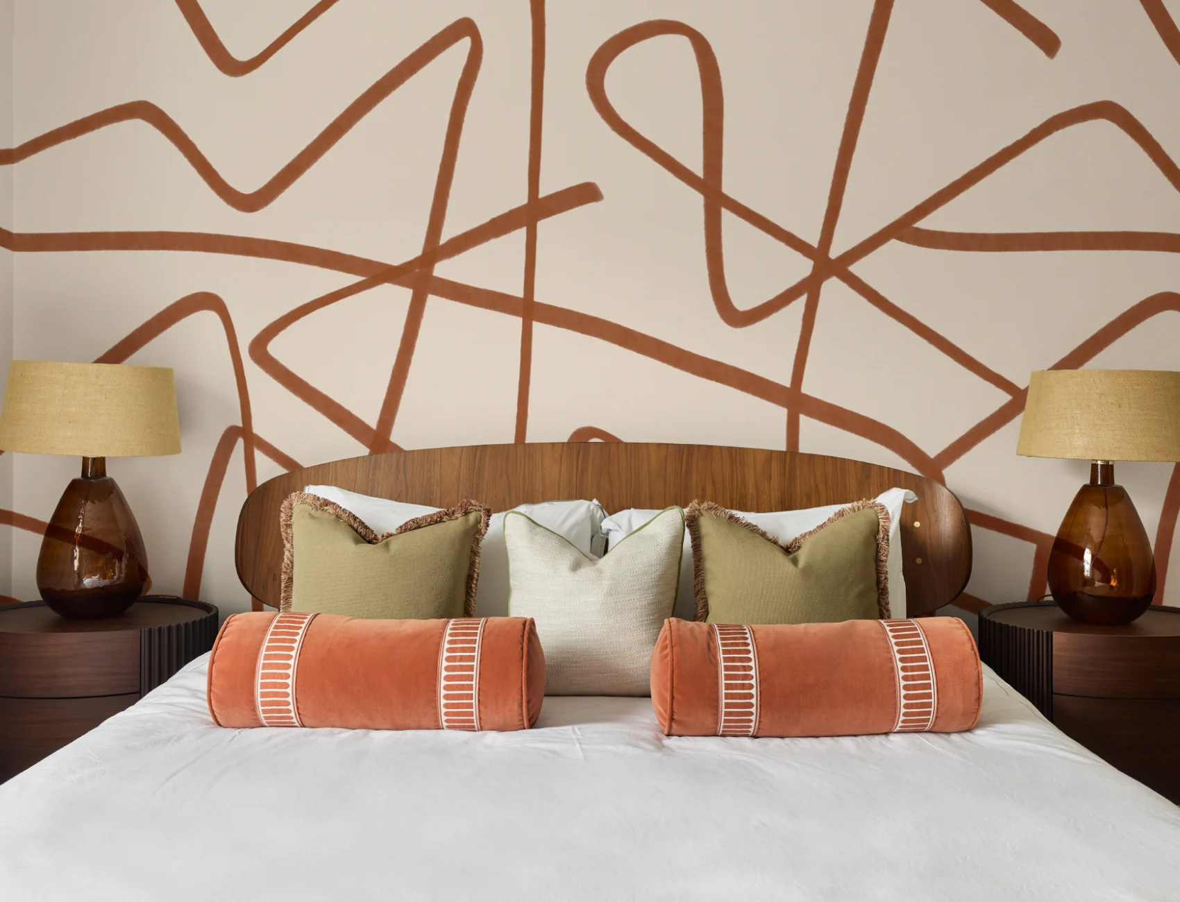 Terracotta & Beige Wavy Line Abstract Wallpaper Mural