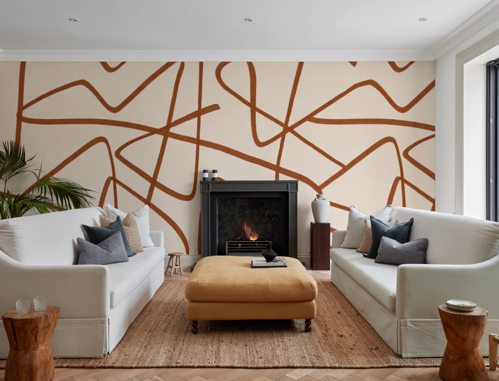 Terracotta & Beige Wavy Line Abstract Wallpaper Mural