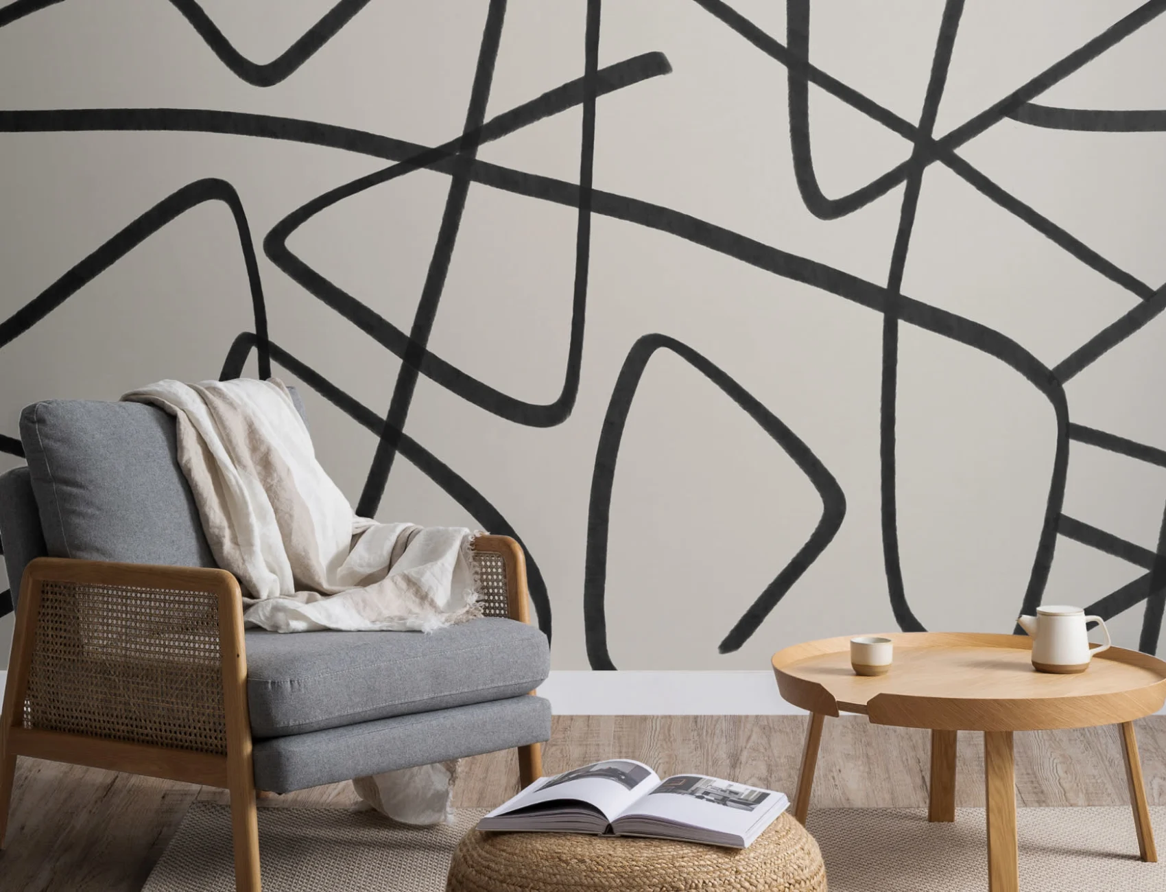 Black & Beige Abstract Line Art Wall Mural
