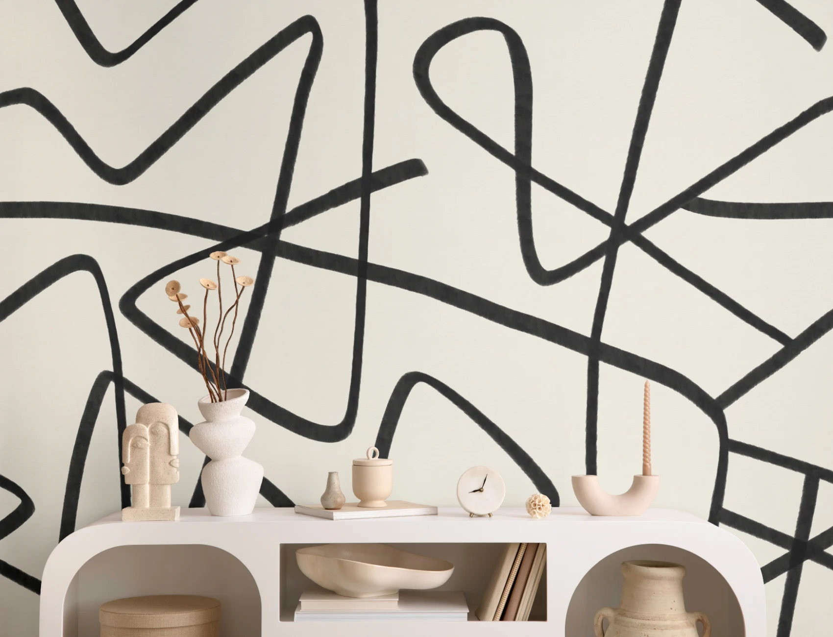 Black & Beige Abstract Line Art Wall Mural
