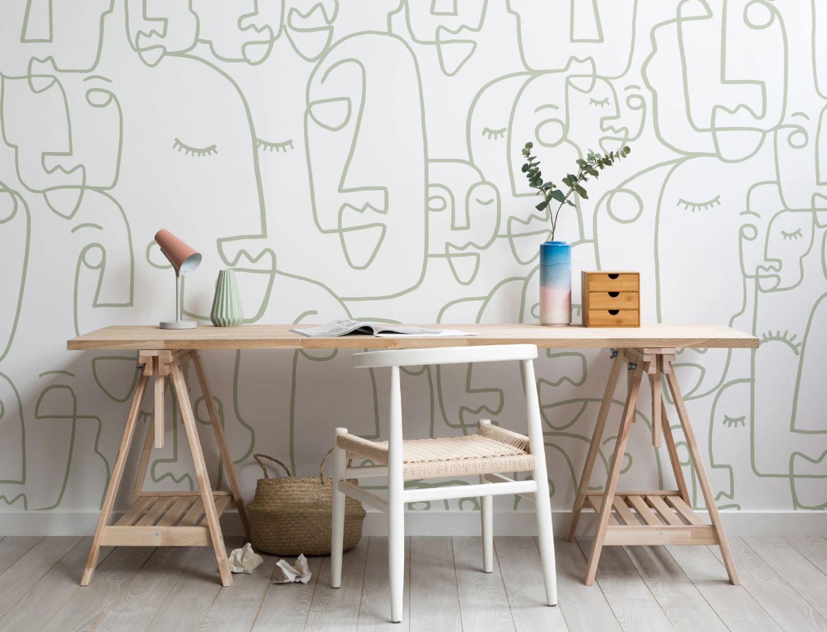 Large Sage Line Drawing Face Wallpaper Mural