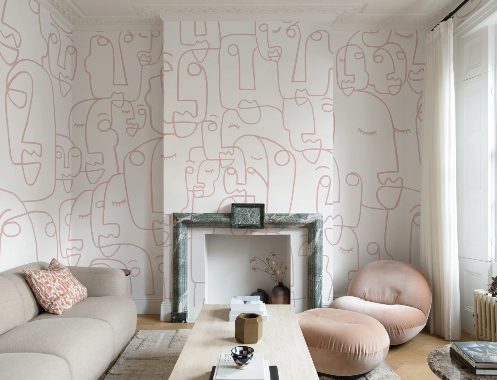 Large Dusty Pink Line Drawing Face Wallpaper Mural