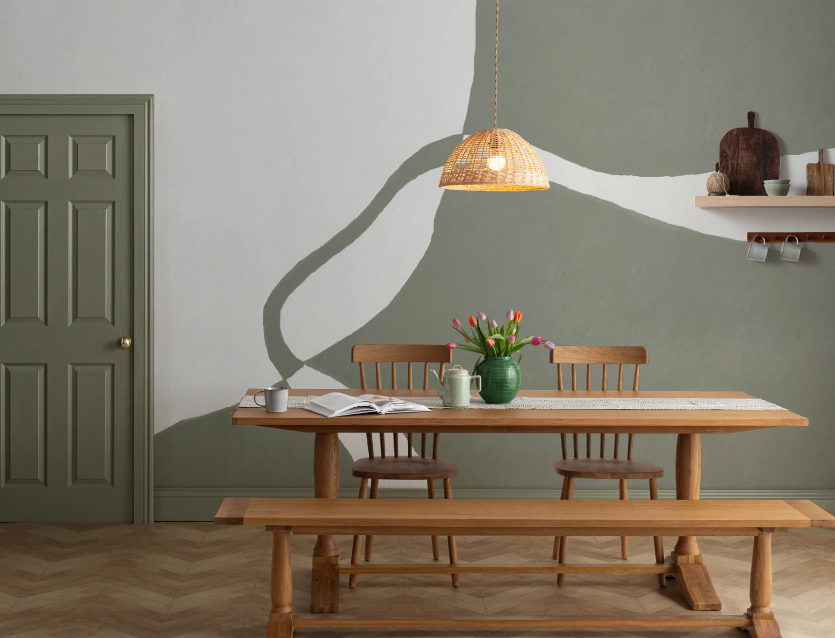 Carta da parati moderna a forma curva in tonalità verdi e beige