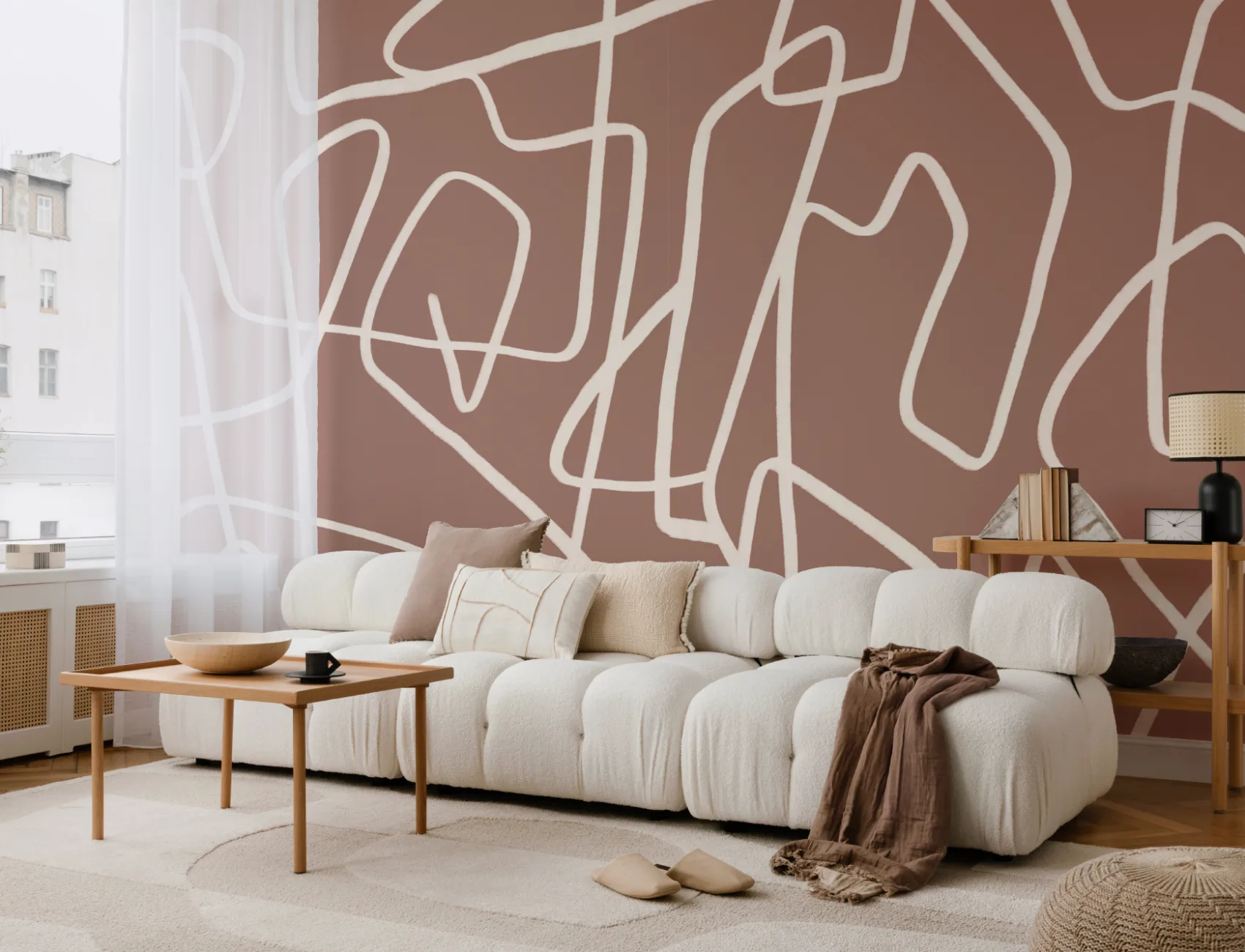 Abstract Hand Drawn Scribble Wall Mural in Cream on Terracotta Background