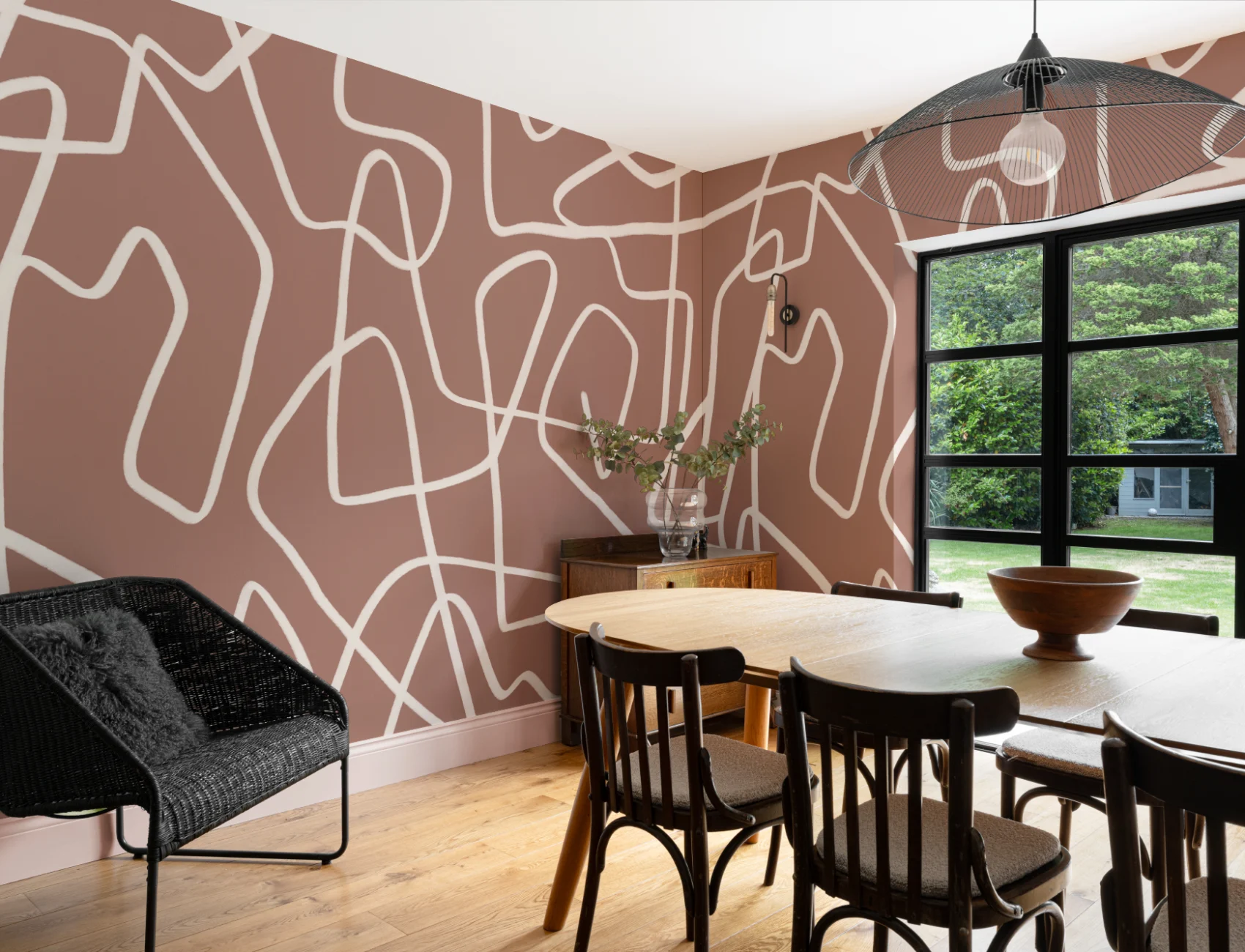 Abstract Hand Drawn Scribble Wall Mural in Cream on Terracotta Background