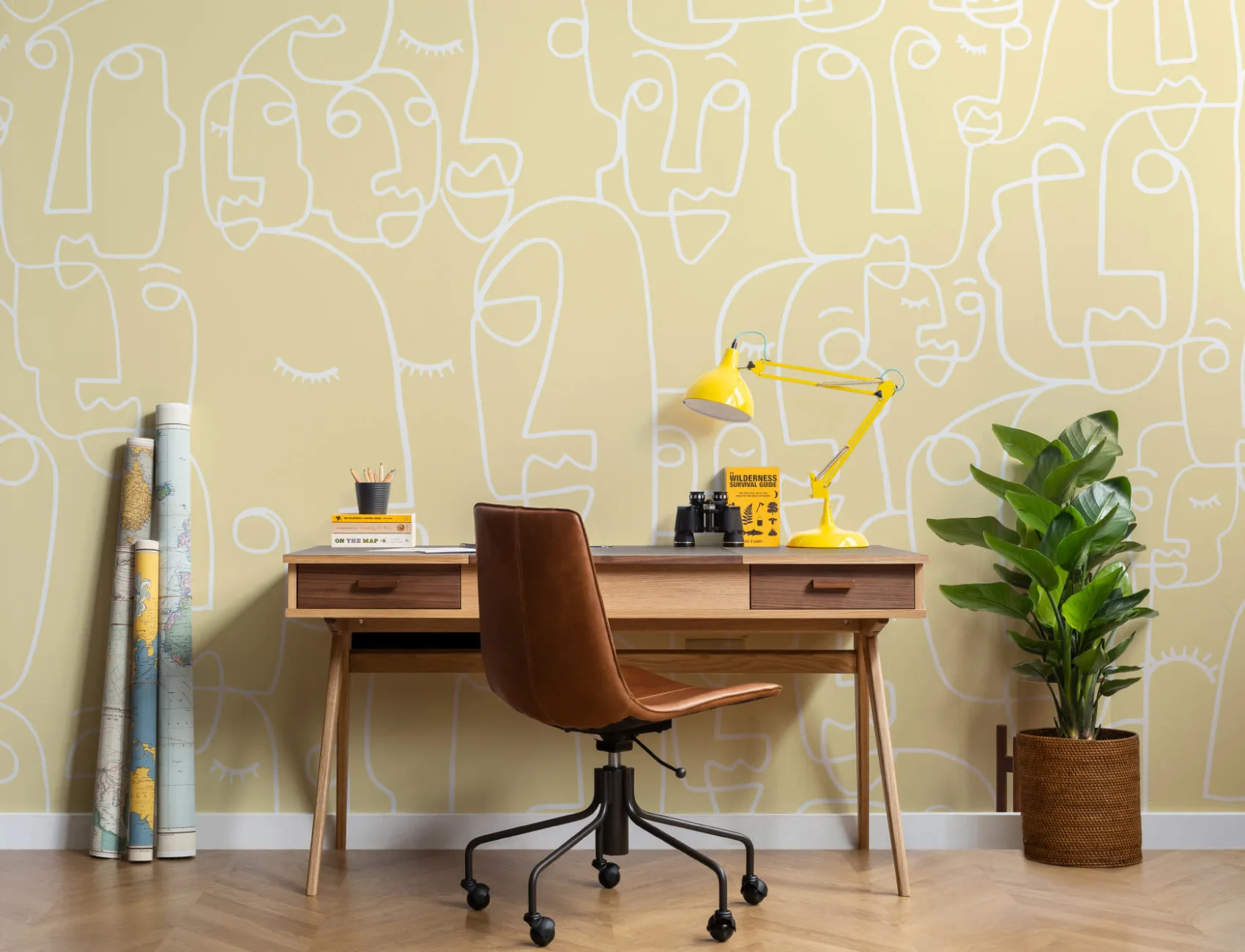 Mural de papel de parede com desenho de linhas de rosto amarelo grande