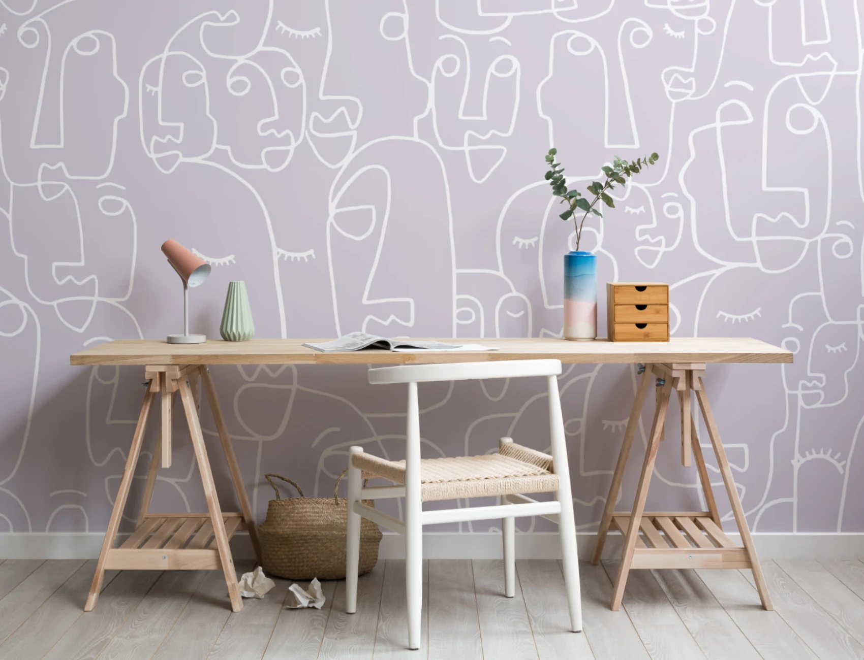 Mural de papel de parede de desenho de linhas de rosto lilás grande