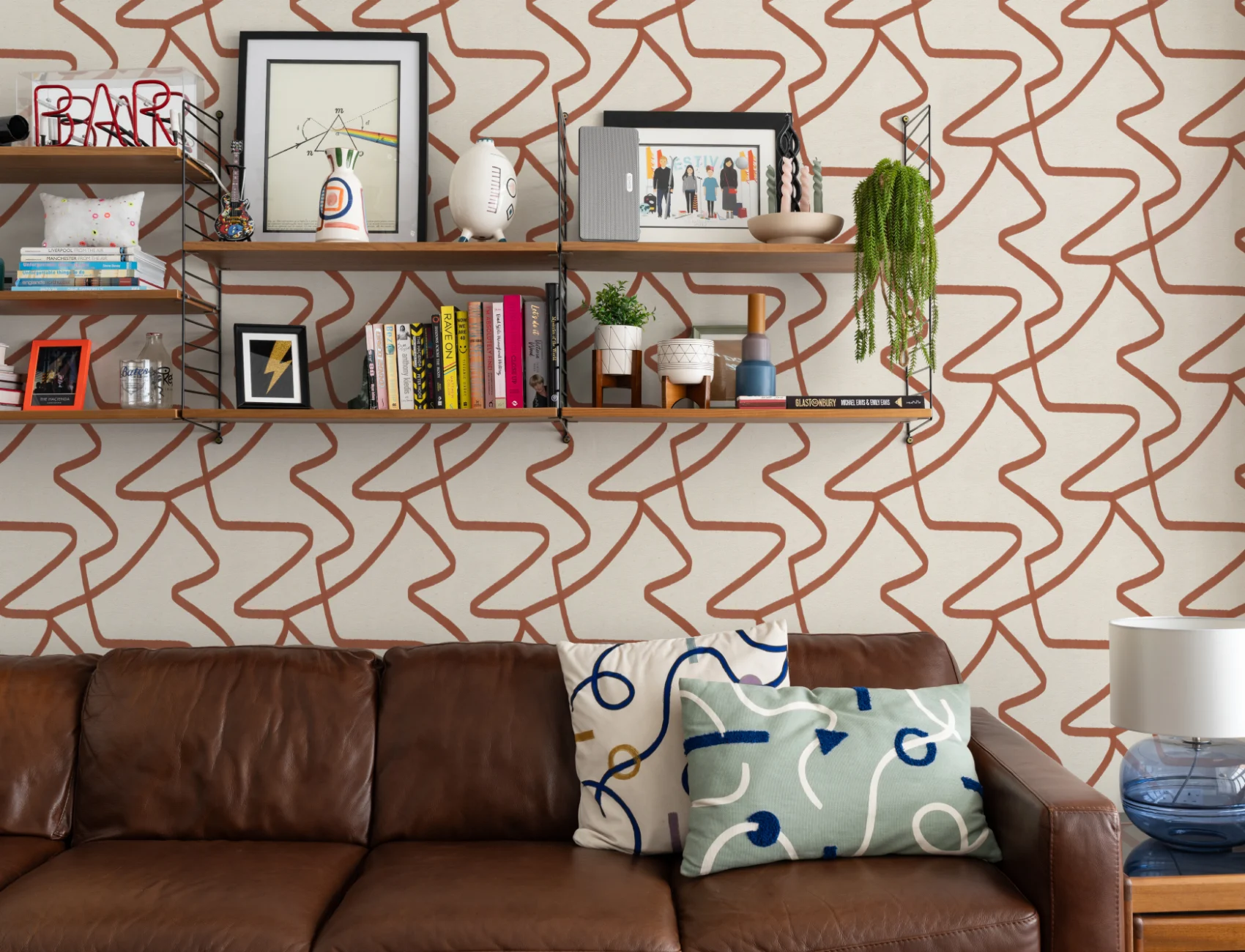 Papier Peint à Motifs de Lignes Abstraites en Couleur Terre Cuite