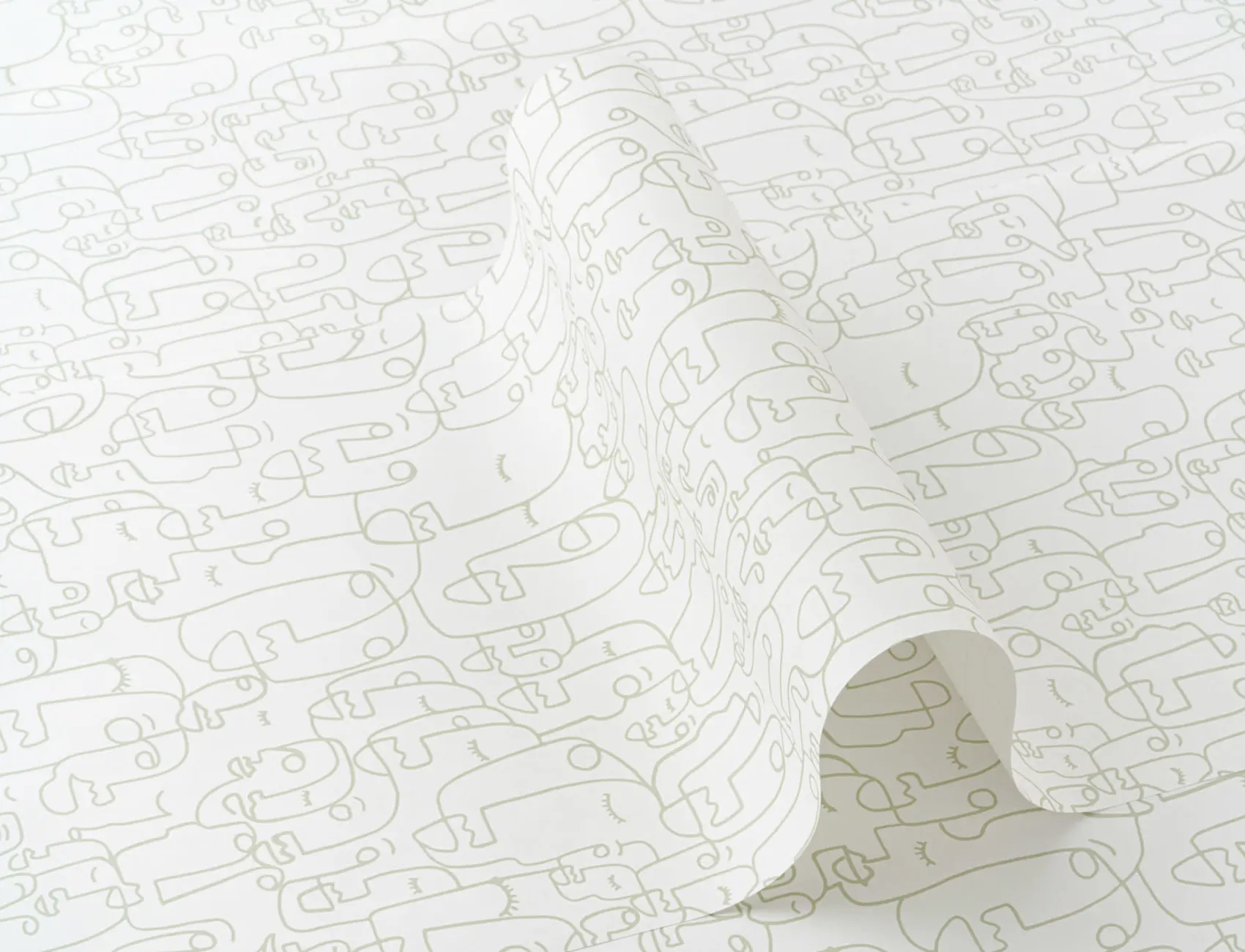 Green Abstract Face Line Drawing Repeat Pattern Wallpaper