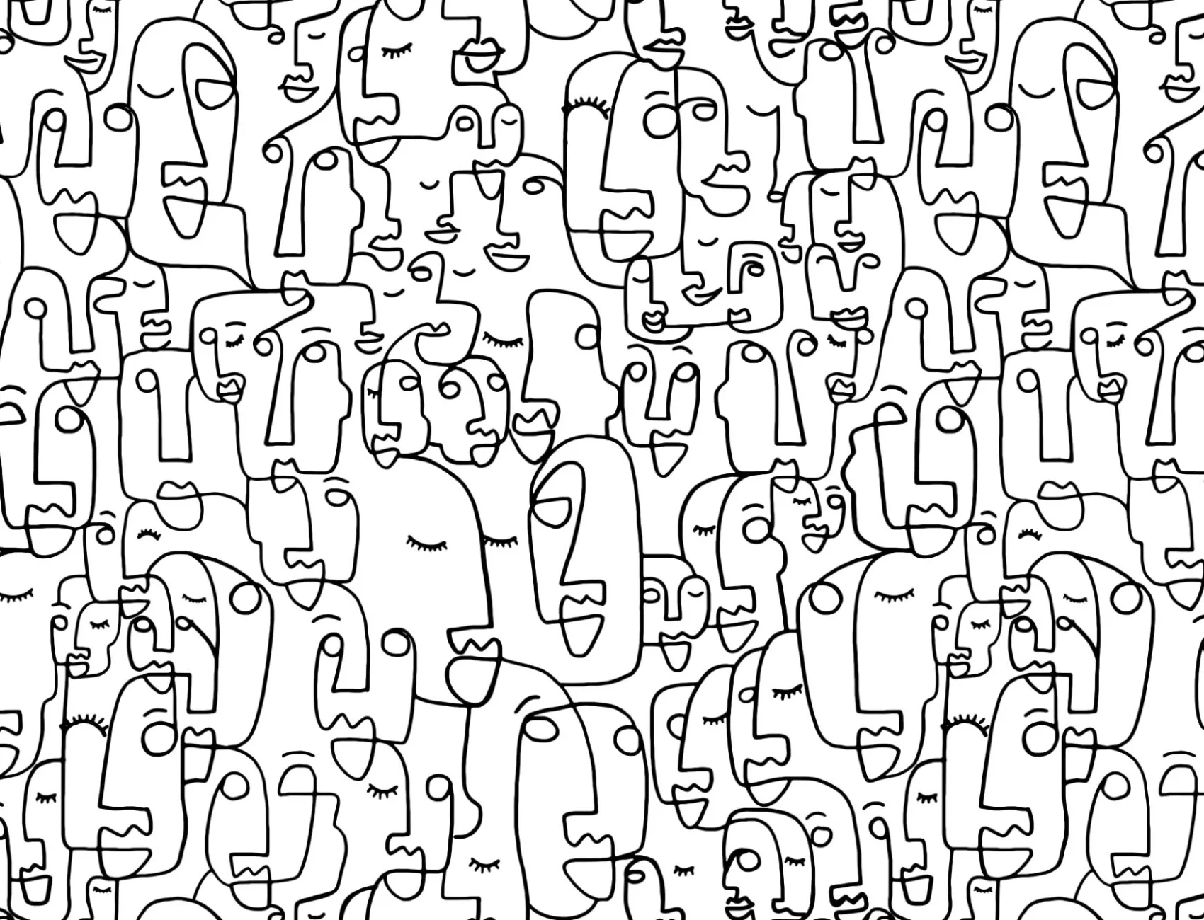 Papier Peint Blanc et Noir à Motif de Visages Abstraits