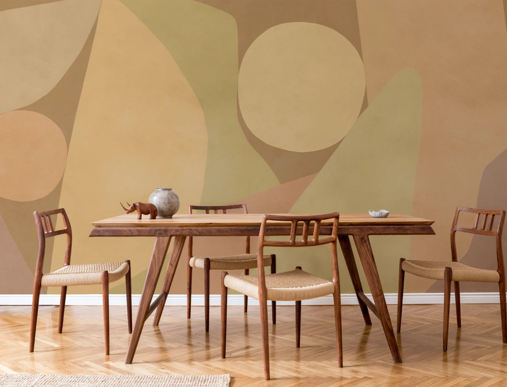 Warm Geometric Abstract Neutral Mural for Modern Spaces