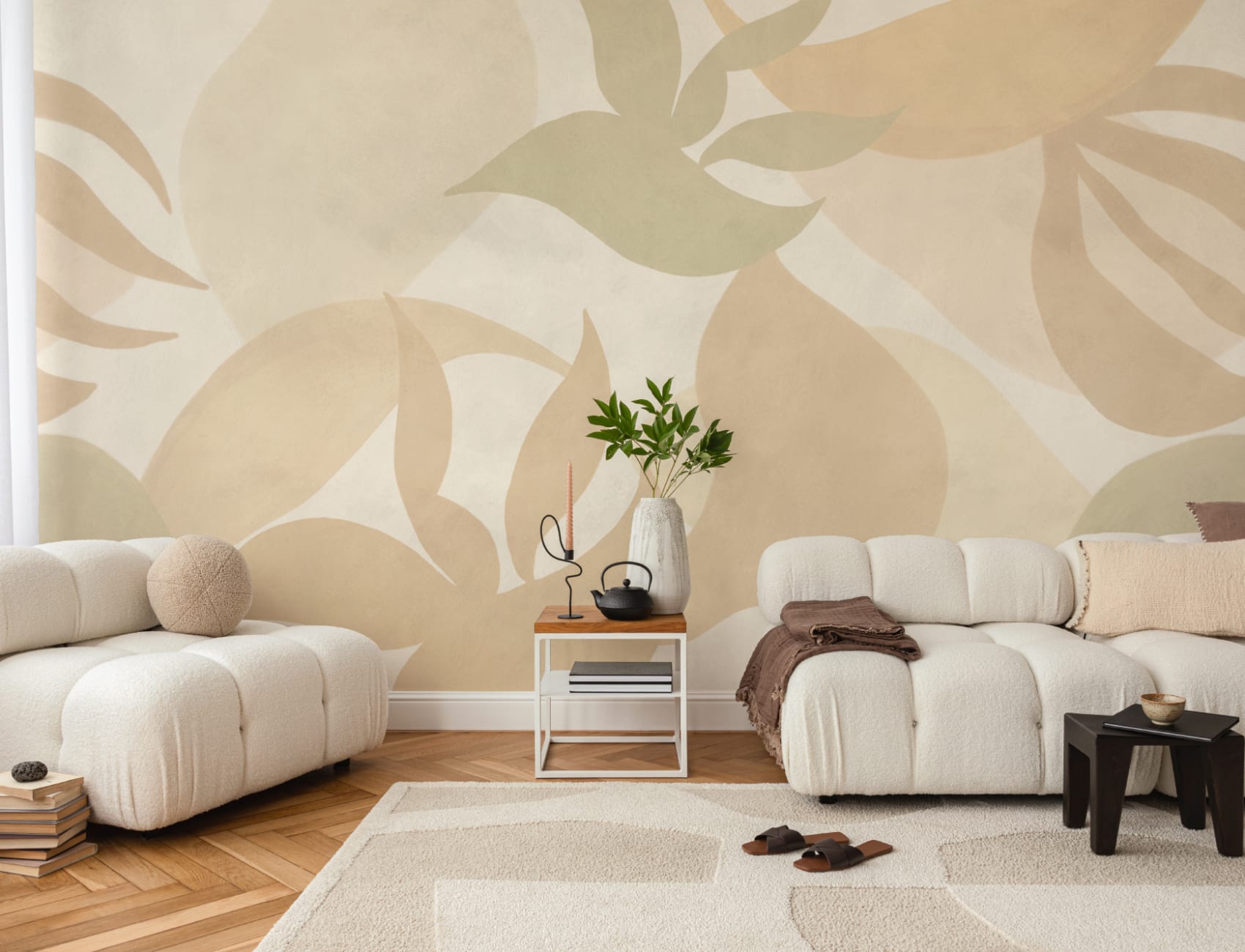 Neutrale Tulum abstracte stijl muurschildering voor een kalme sfeer