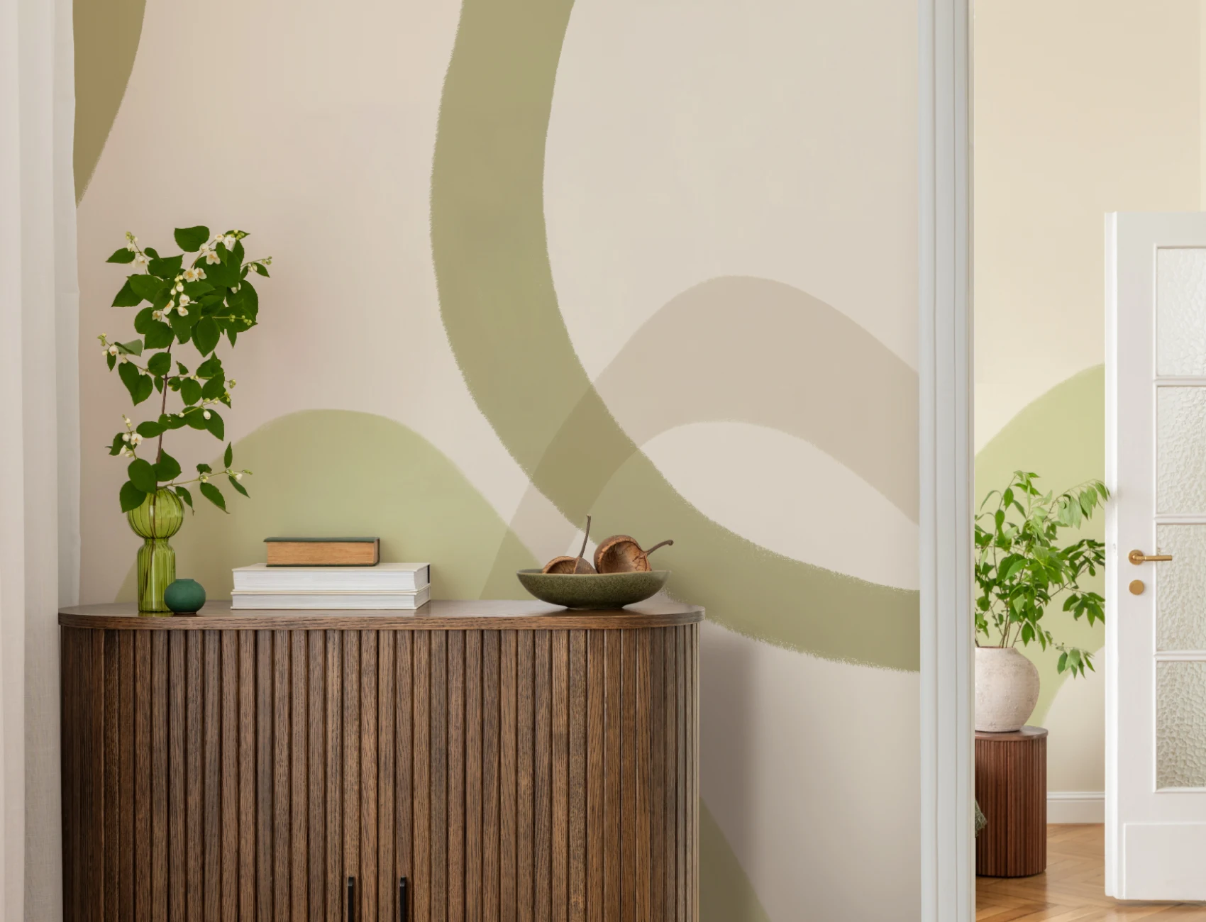 Groene abstracte eigentijdse lijnkunst muurschildering
