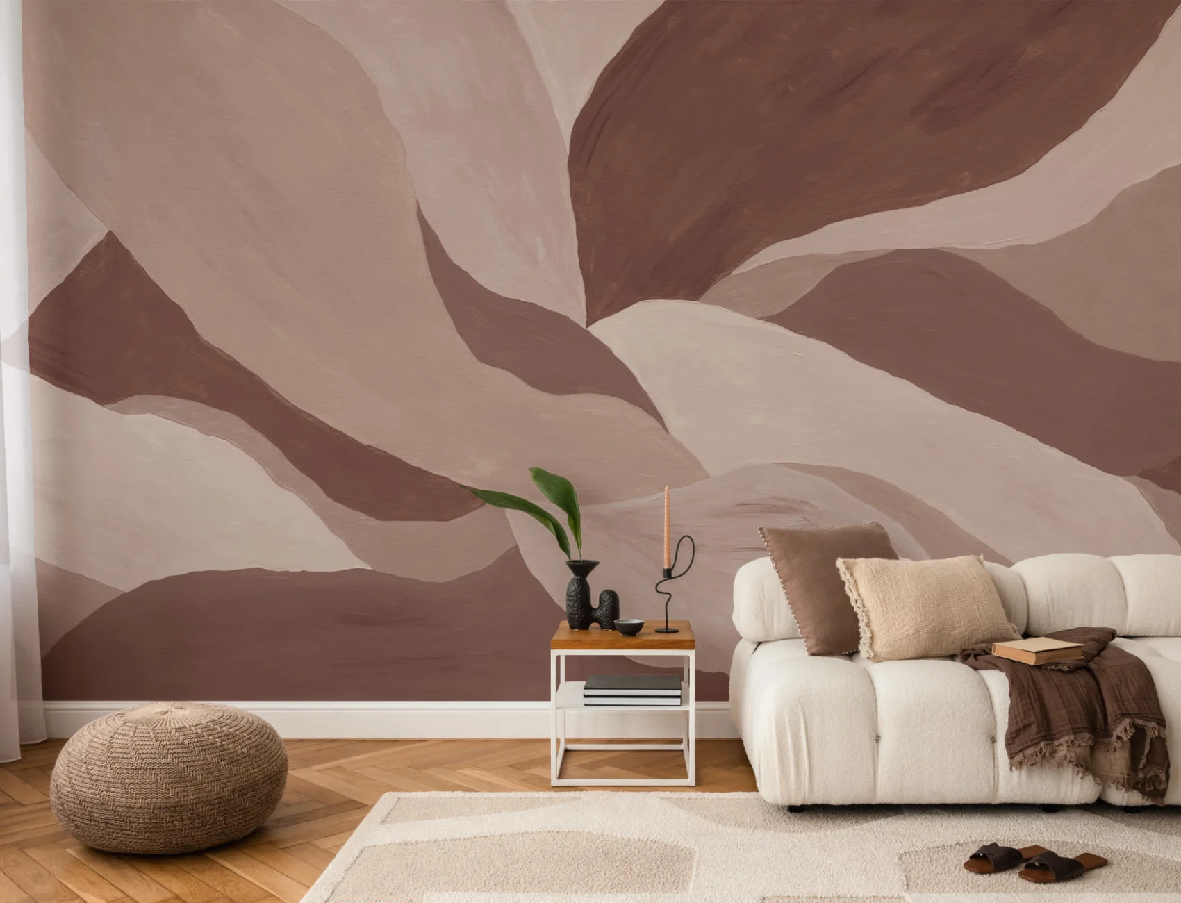 Peinture murale abstraite de feuilles en terre cuite