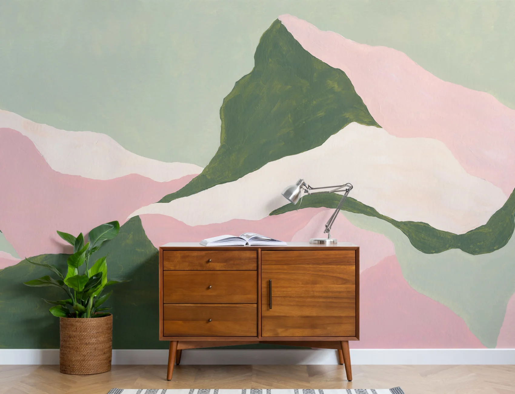 Groene abstracte berg muurschildering