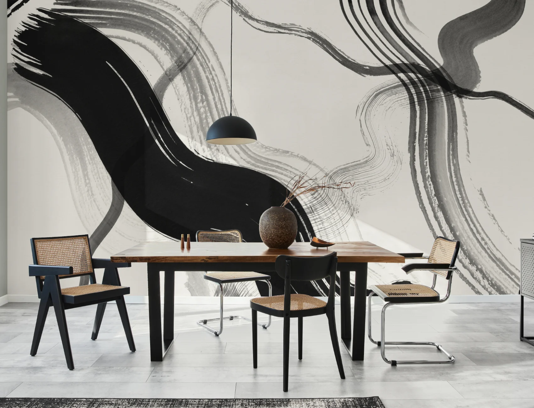 Black Abstract Ink Brush Strokes Mural